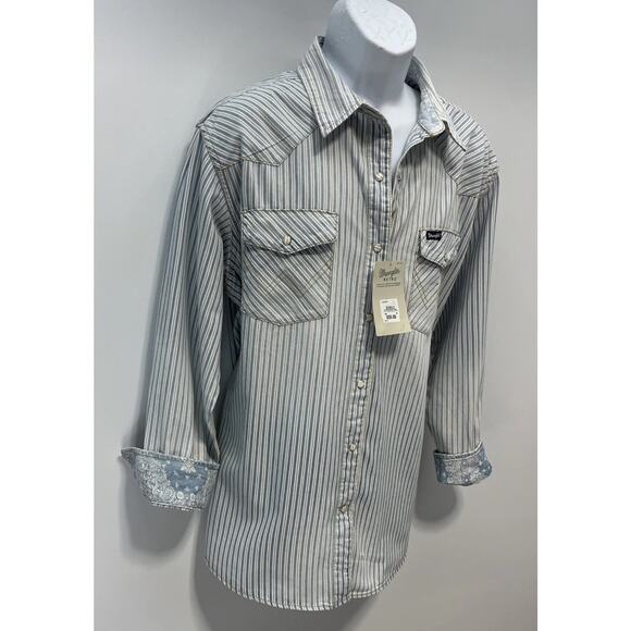 NWT Wrangler Retro Long Sleeve Striped Western Pearl Snap blue Mens L - Picture 4 of 9